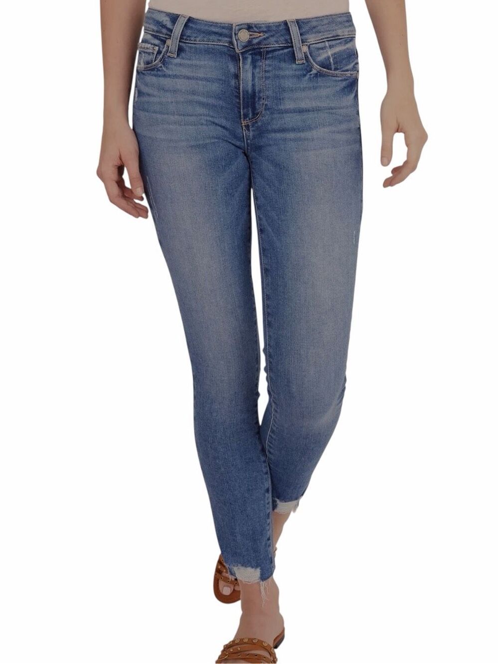 PAIGE Verdugo Ankle Skinny Jeans Flo Destructed Blue Mid Rise Raw Hem 26